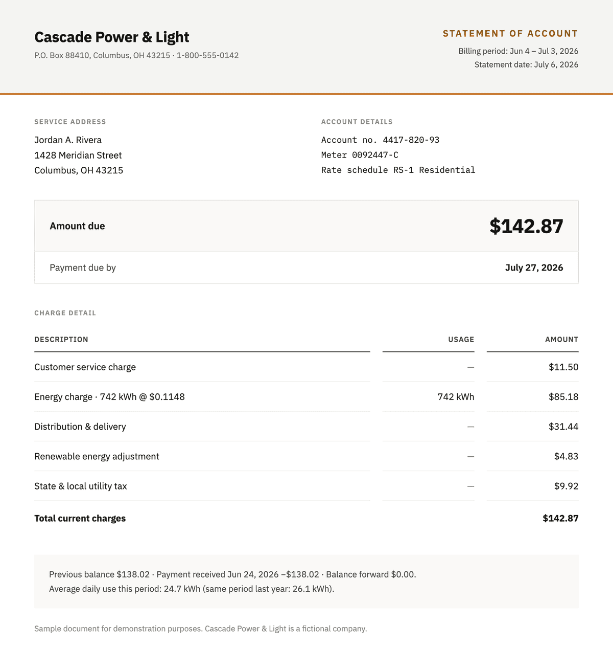 Sample electric statement from a fictional utility, Cascade Power & Light, showing $142.87 due.