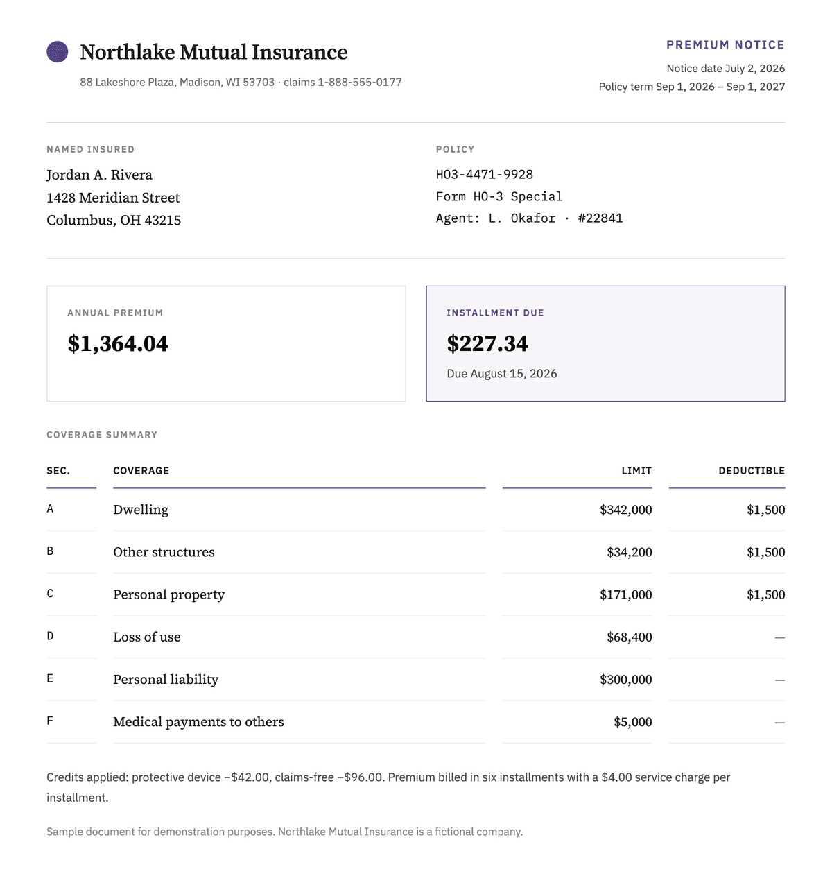 Sample homeowners insurance premium notice from a fictional insurer, Northlake Mutual, with a $227.34 installment due.