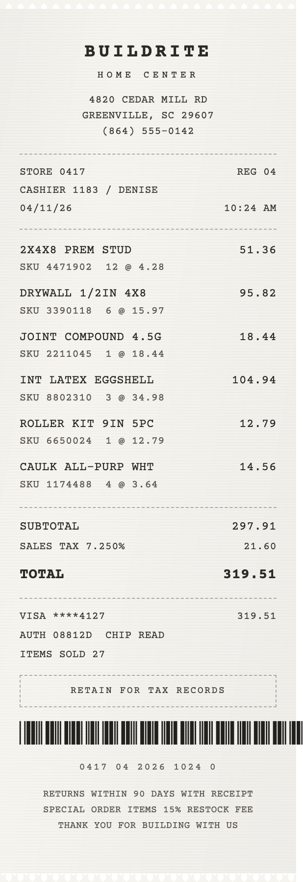 Sample till receipt from a fictional home center, Buildrite, for lumber, drywall, and paint totalling $319.51.