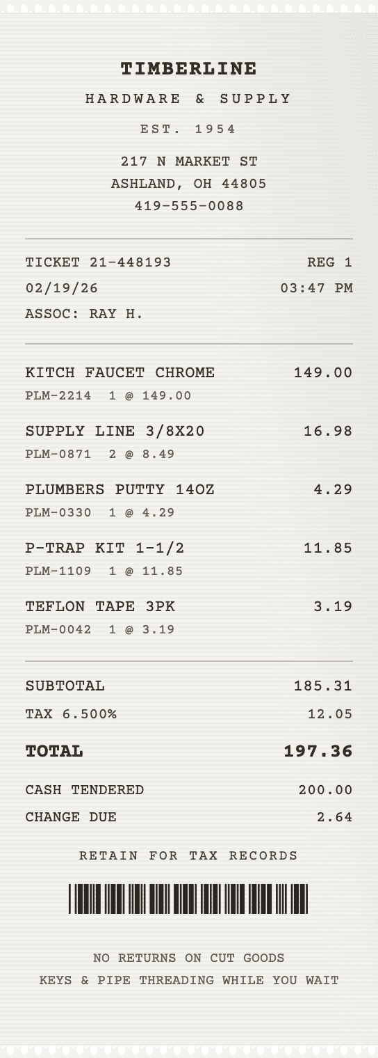 Sample till receipt from a fictional hardware store, Timberline, for a kitchen faucet and plumbing parts totalling $197.36.