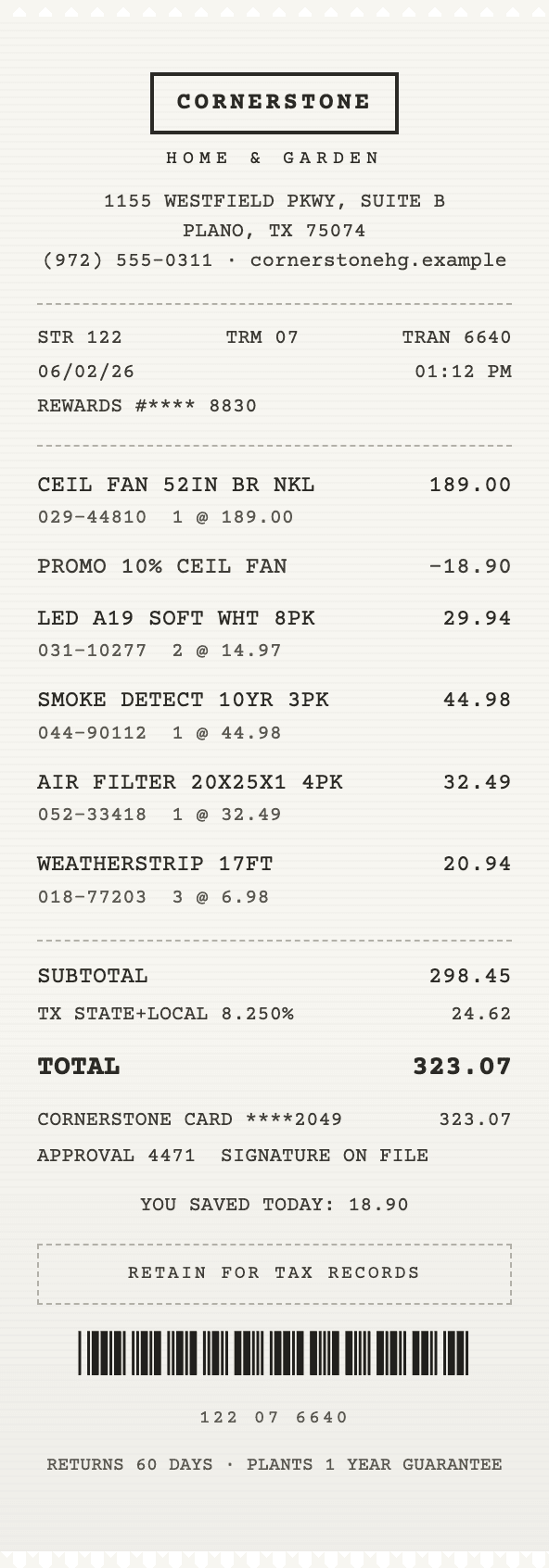 Sample till receipt from a fictional home and garden store, Cornerstone, for a ceiling fan, bulbs, and filters totalling $323.07.
