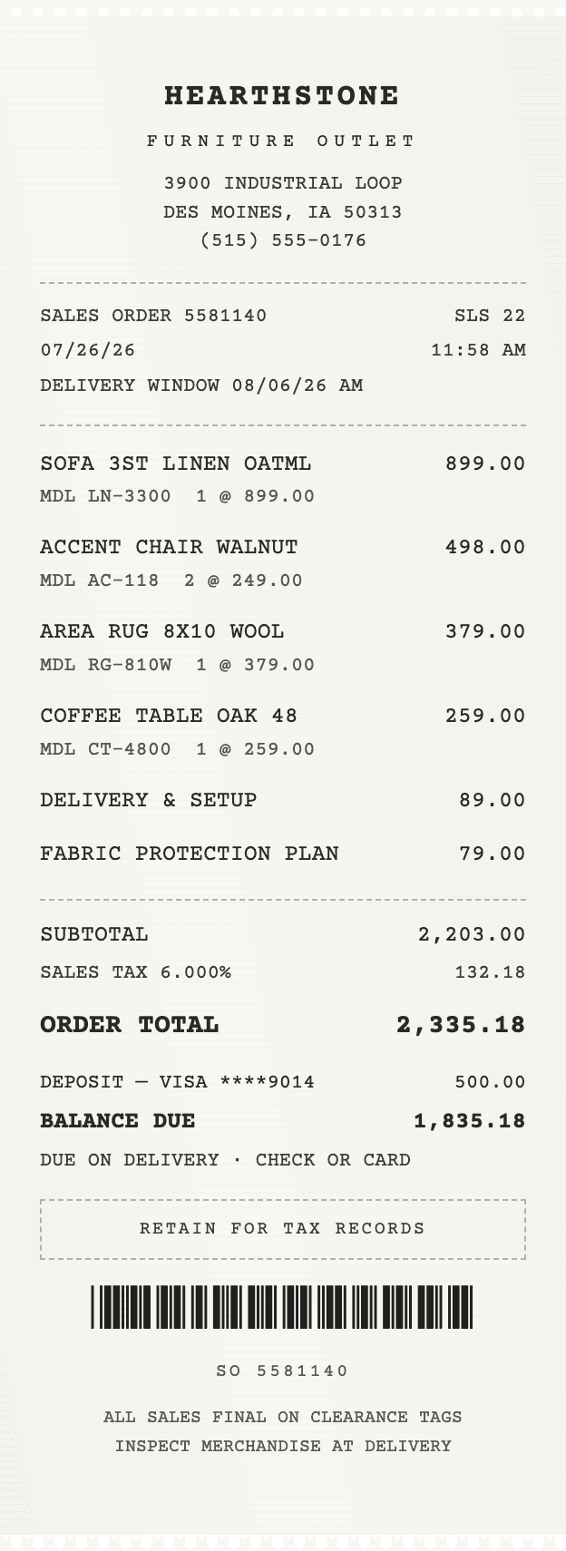 Sample sales order from a fictional furniture outlet, Hearthstone, for a sofa, chairs, and a rug totalling $2,335.18.