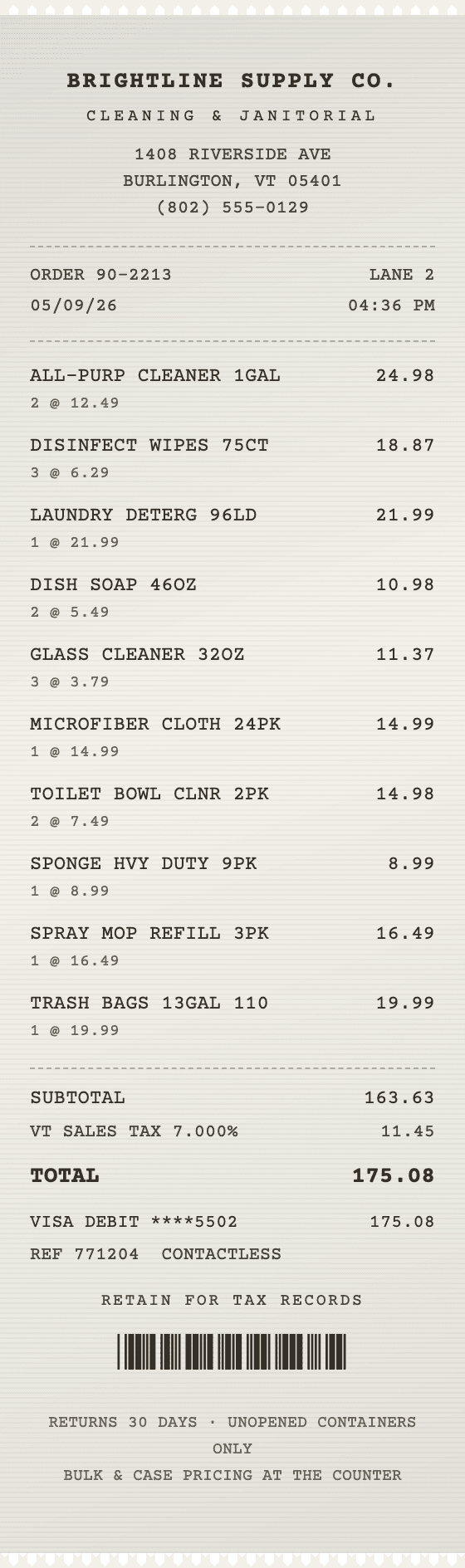 Sample till receipt from a fictional janitorial supplier, Brightline Supply Co., for household cleaning products totalling $175.08.