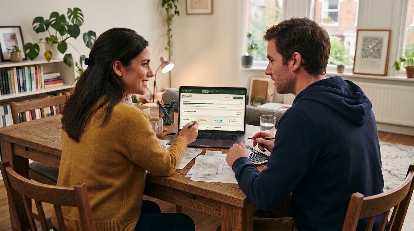 A husband and wife at their dining table, talking over a laptop showing the MHA Tracker dashboard, with receipts and a calculator in front of them.