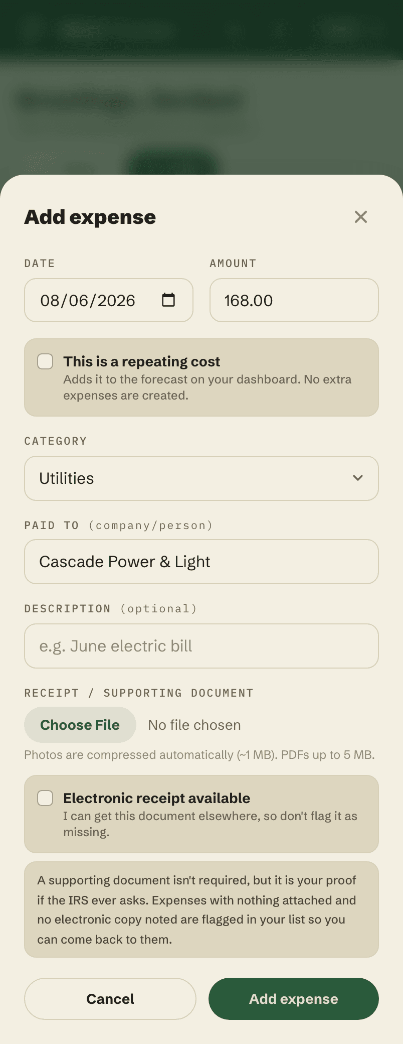 The Add expense form filled in with a utility bill: date, amount, category, payee, and a place to attach the receipt