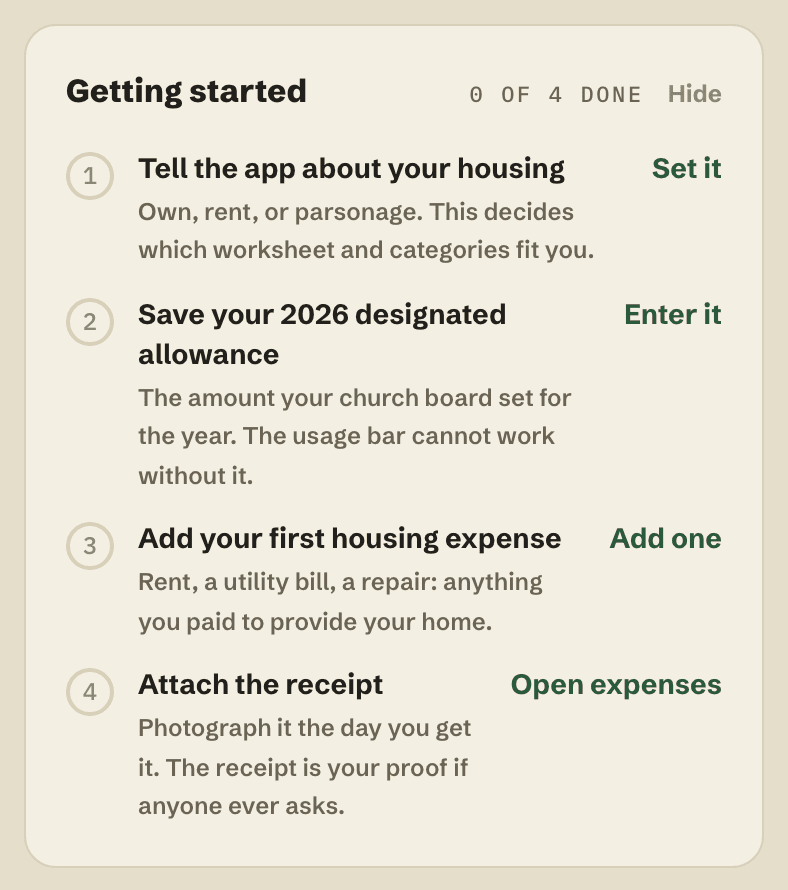 The Getting started checklist on the MHA Tracker dashboard, showing four steps: housing status, designated allowance, first expense, and first receipt