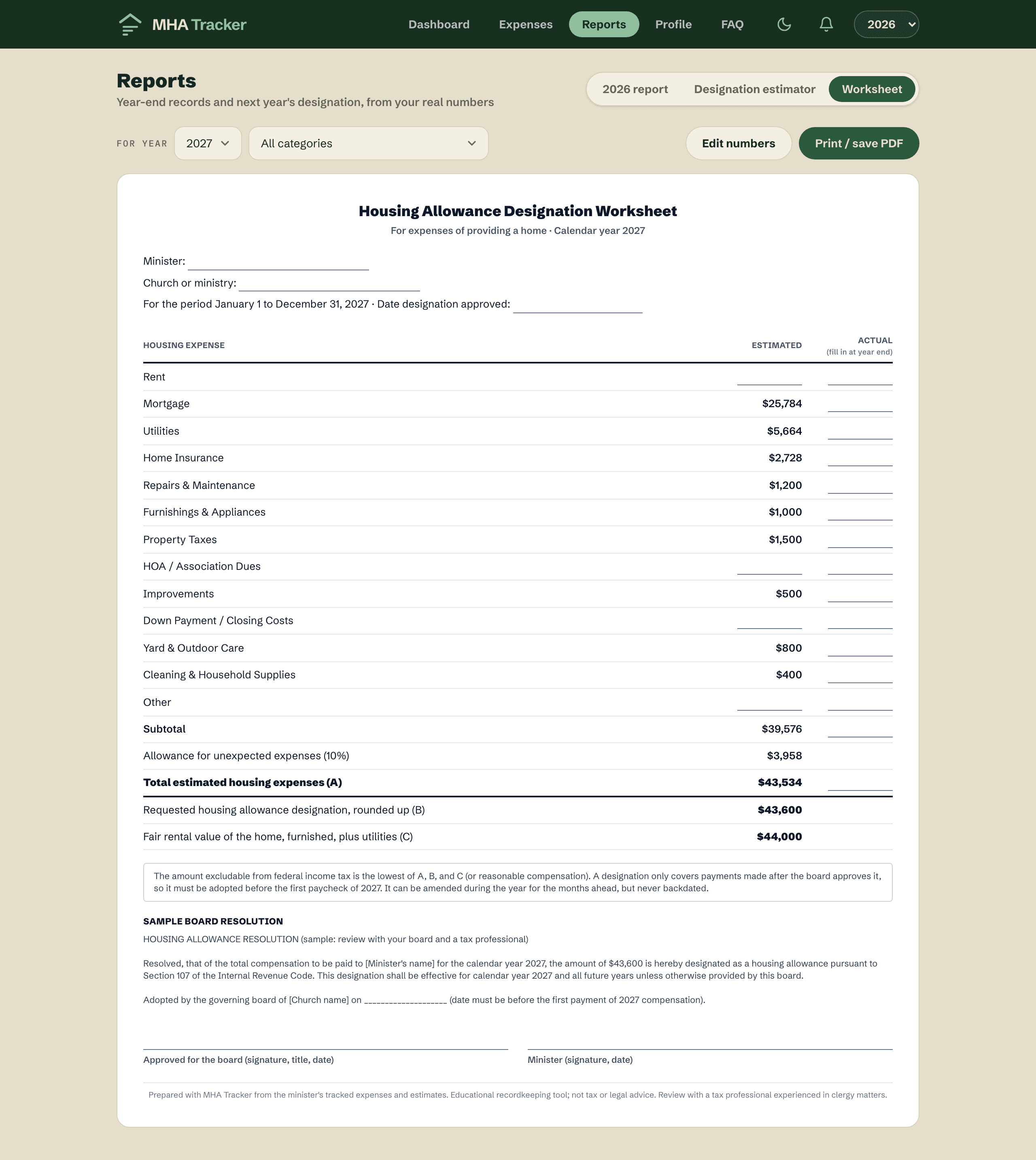The printable Housing Allowance Designation Worksheet, built from the year's real spending