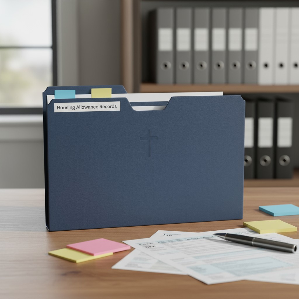 Large blue file folder in an office setting, standing upright on a wooden desk with papers and post-it notes surrounding i...